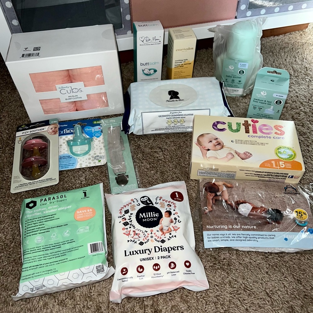 Baby Item Bundle Lot With Diapers, Pacifiers, Burp Cloths, Bottle, Wipes etc